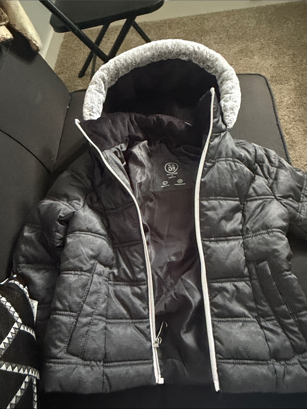 Girls' Charcoal Quilted Puffer Jacket with Faux-Fur Trim Hood